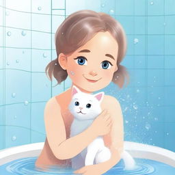 A heartwarming and cute image of a young girl in a shower gently washing her cat