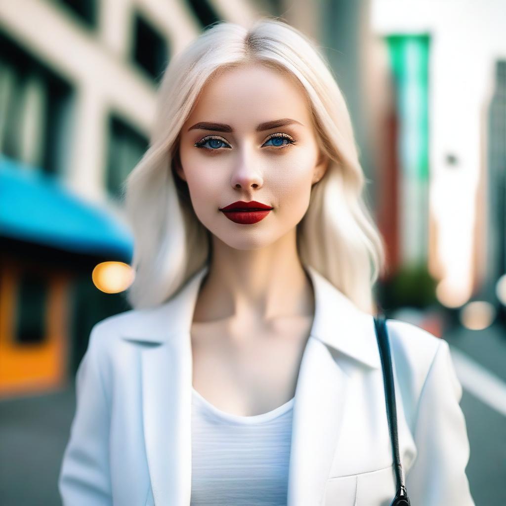 A beautiful blonde-haired girl with white skin, dressed in a stylish outfit