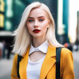 A beautiful blonde-haired girl with white skin, dressed in a stylish outfit