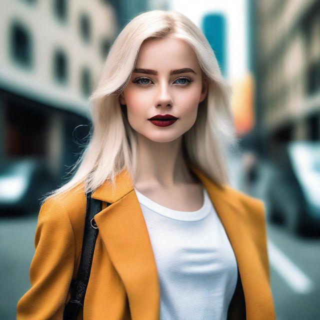 A beautiful blonde-haired girl with white skin, dressed in a stylish outfit