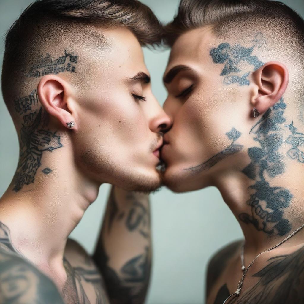 A tender moment between two young gay men, both with visible tattoos, sharing a kiss