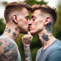 A tender moment between two young gay men, both with visible tattoos, sharing a kiss