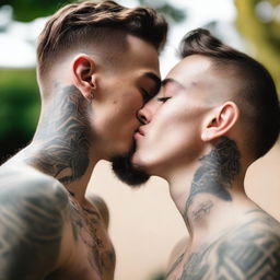 A tender moment between two young gay men, both with visible tattoos, sharing a kiss