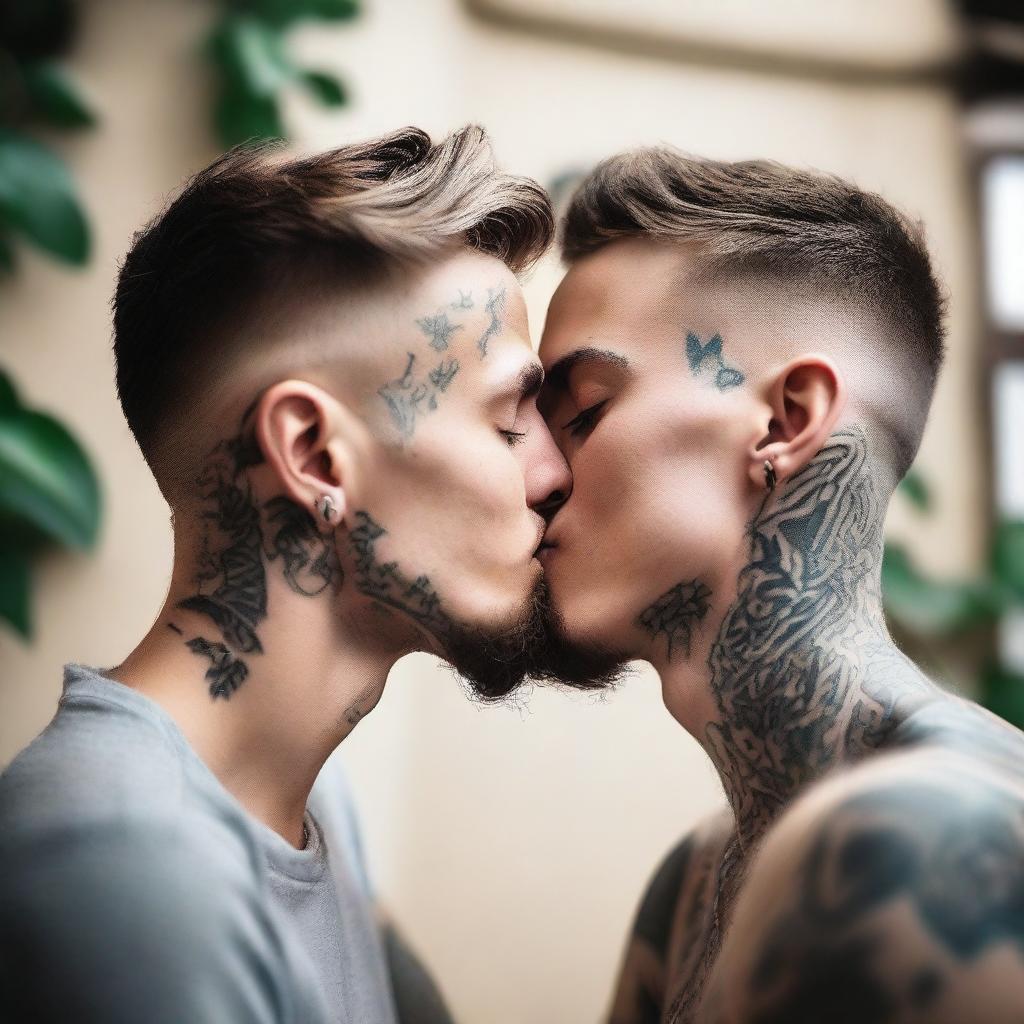 A tender moment between two young gay men, both with visible tattoos, sharing a kiss