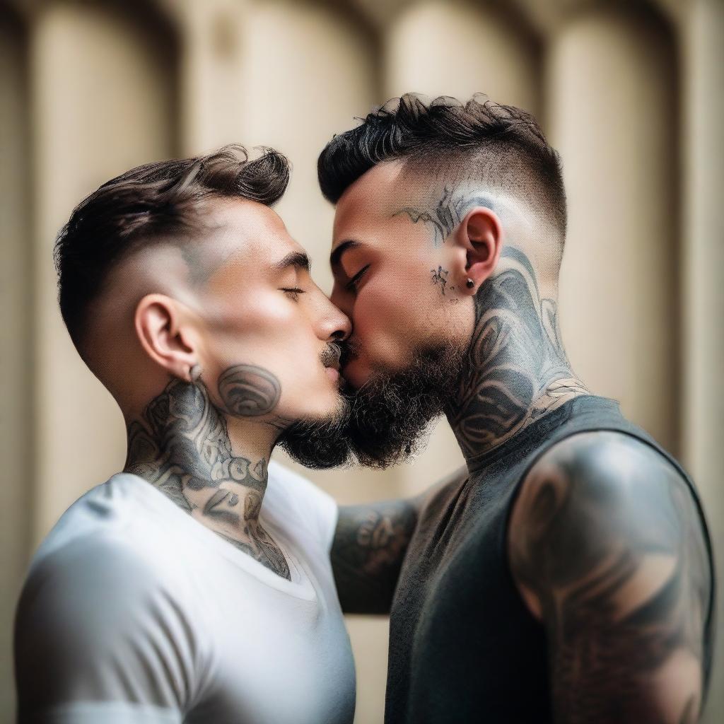 A tender moment between two young men without beards, both wearing t-shirts and having tattooed arms, sharing a kiss