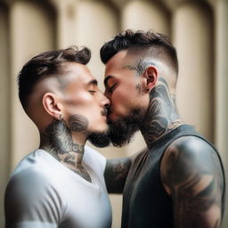 A tender moment between two young men without beards, both wearing t-shirts and having tattooed arms, sharing a kiss