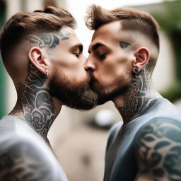 A tender moment between two young men without beards, both wearing t-shirts and having tattooed arms, sharing a kiss