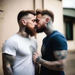 A tender moment between two young men without beards, both wearing t-shirts and having tattooed arms, sharing a kiss