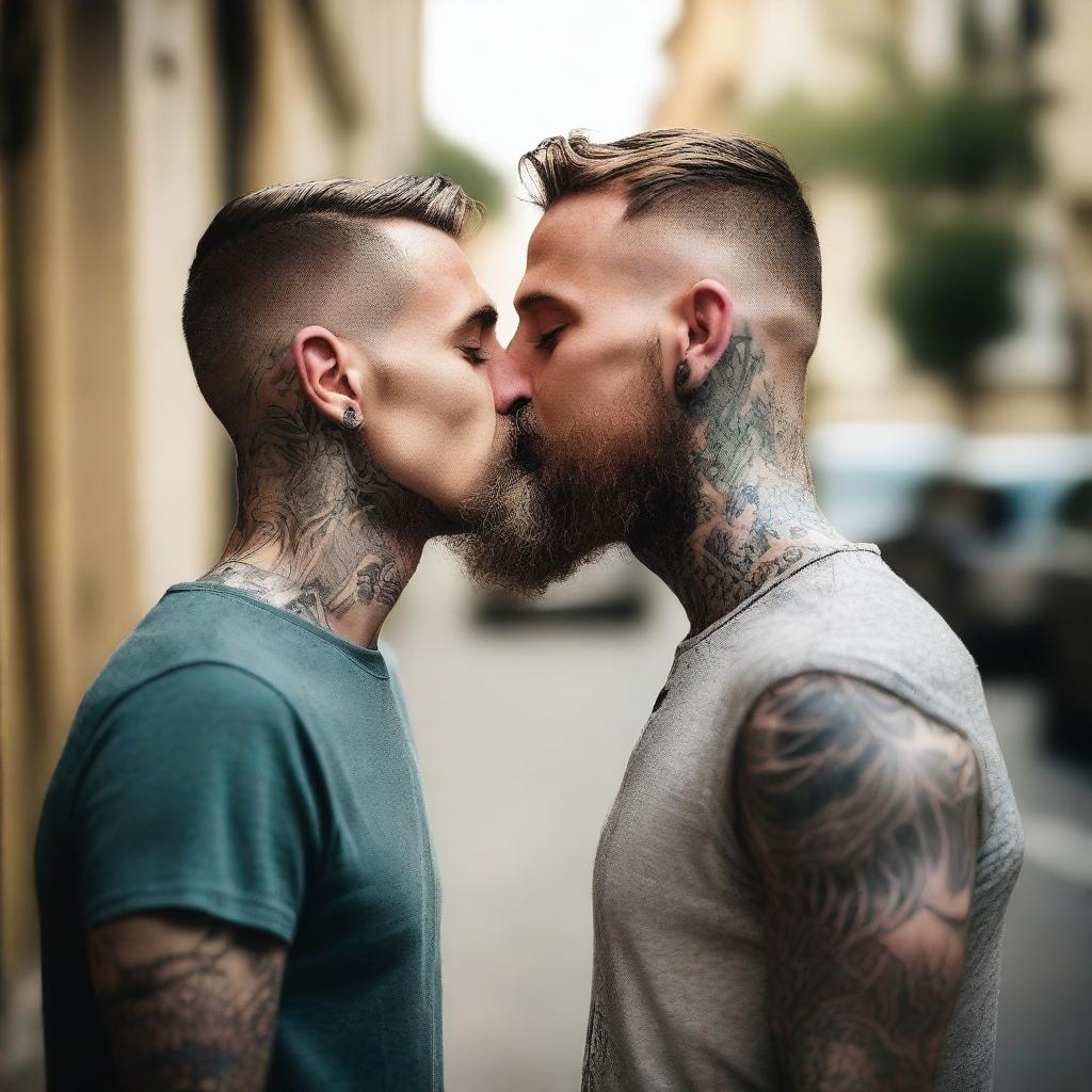 A tender moment between two young men without beards, both wearing t-shirts and having tattooed arms, sharing a kiss