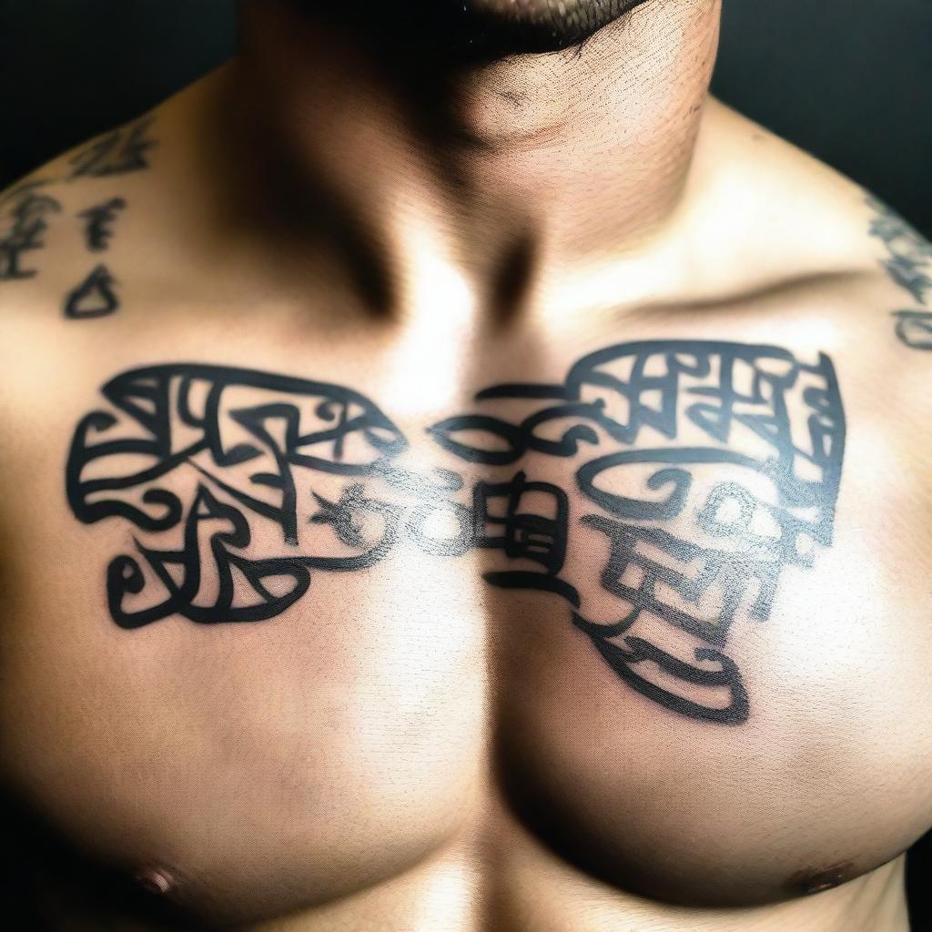 A very close-up shot of a pectoral muscle with intricate writings tattooed on it