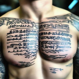 A very close-up shot of a pectoral muscle with intricate writings tattooed on it