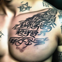 A very close-up shot of a pectoral muscle with intricate writings tattooed on it