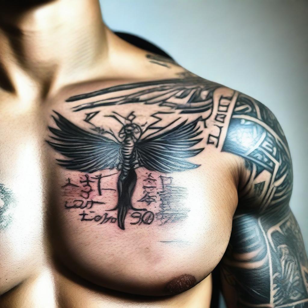 A very close-up shot of a pectoral muscle with intricate writings tattooed on it