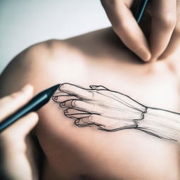 A very close-up shot of a hand drawing on a man's pectoral muscle with a marker