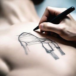 A very close-up shot of a hand drawing on a man's pectoral muscle with a marker