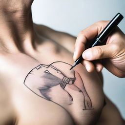 A very close-up shot of a hand drawing on a man's pectoral muscle with a marker