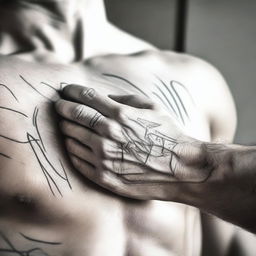 A very close-up shot of a hand drawing on a man's pectoral muscle with a marker