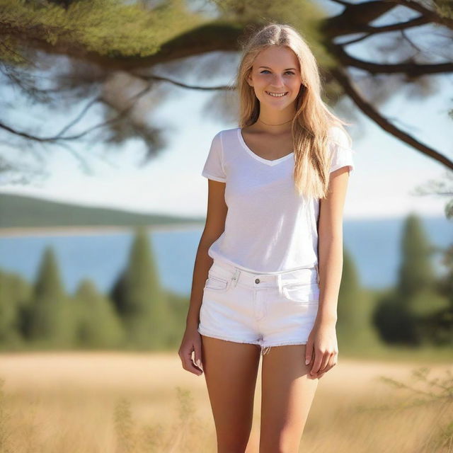 A 21-year-old Swedish girl wearing white jean shorts, standing in a casual pose