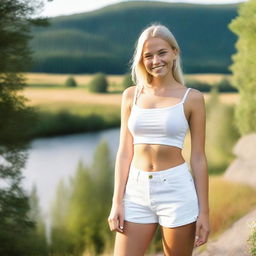 A 21-year-old Swedish girl wearing white jean shorts, standing in a casual pose