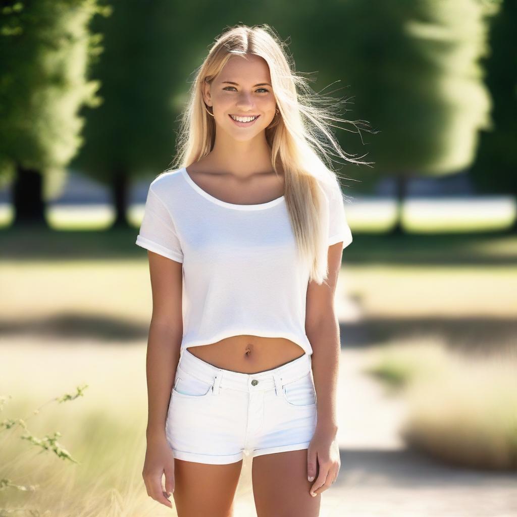 A beautiful 21-year-old Swedish girl with long blond hair, wearing white jeans shorts and a slim fit white top