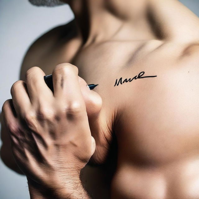 A very close-up shot of a hand writing on a man's pectoral muscle with a marker