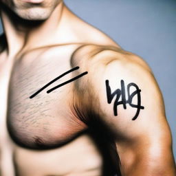 A very close-up shot of a hand writing on a man's pectoral muscle with a marker