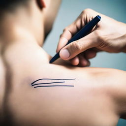 A very close-up shot of a hand writing on a man's pectoral muscle with a marker