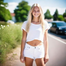 A beautiful 17-year-old Swedish girl with long blond hair, wearing very short white jeans shorts and a slim fit white top