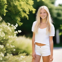 A beautiful 17-year-old Swedish girl with long blond hair, wearing very short white jeans shorts and a slim fit white top