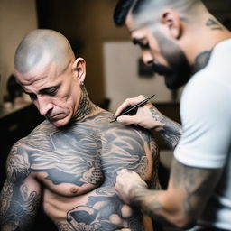 A detailed image of a tattoo artist tattooing a man's pectoral muscle