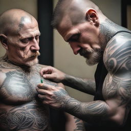 A detailed image of a tattoo artist tattooing a man's pectoral muscle