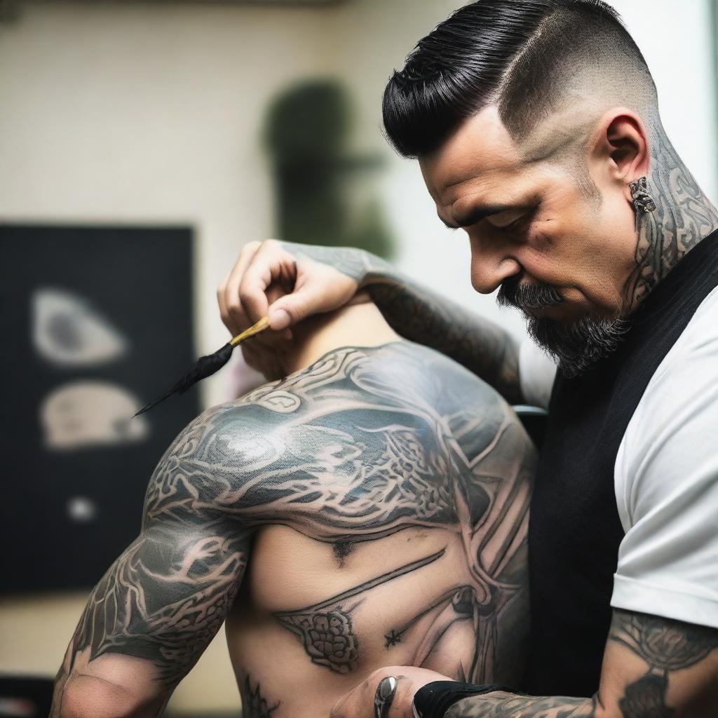 A detailed image of a tattoo artist tattooing a man's pectoral muscle