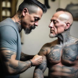 A detailed image of a tattoo artist tattooing a man's pectoral muscle