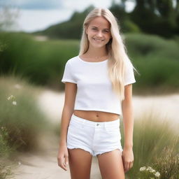 A beautiful 19-year-old Swedish girl with long blond hair, wearing very short white jeans shorts and a slim fit white top