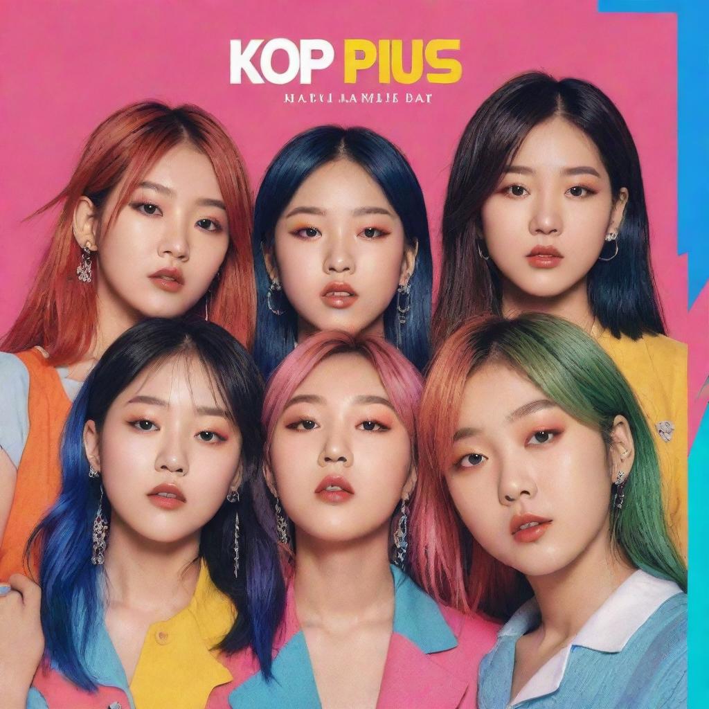 Craft an image of a KPOP album cover with vibrant colors, a group of youthful, stylish singers, and a modern font title.