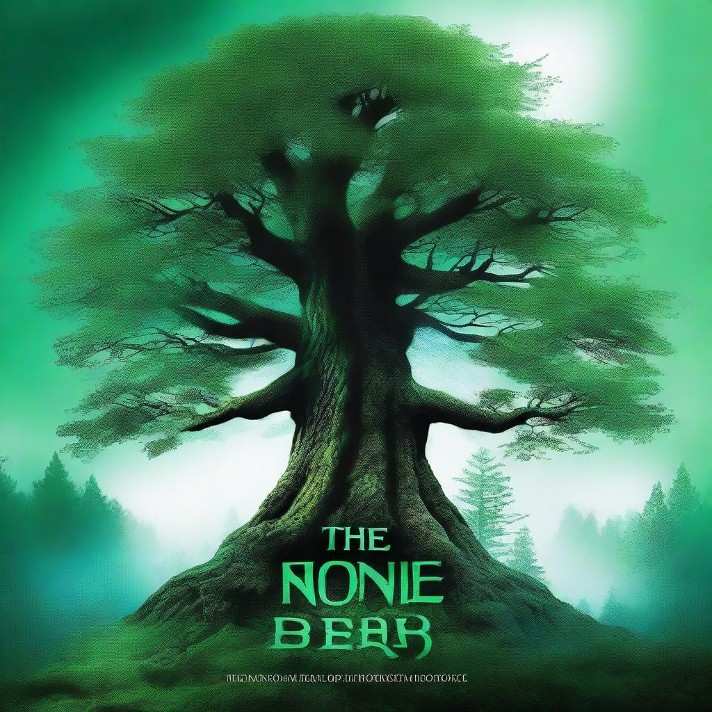 Create a green and blue fantasy/thriller book cover featuring a large pine tree