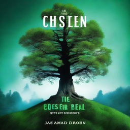 Create a green and blue fantasy/thriller book cover featuring a large pine tree