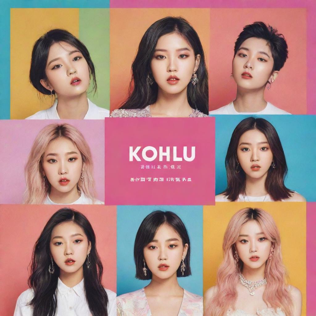 Craft an image of a KPOP album cover with vibrant colors, a group of youthful, stylish singers, and a modern font title.