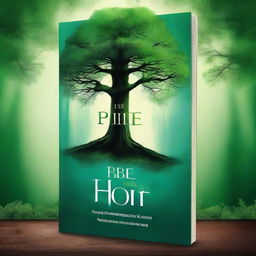 Create a green and blue fantasy/thriller book cover featuring a large pine tree
