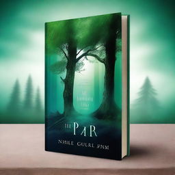Create a green and blue fantasy/thriller book cover featuring a large pine tree