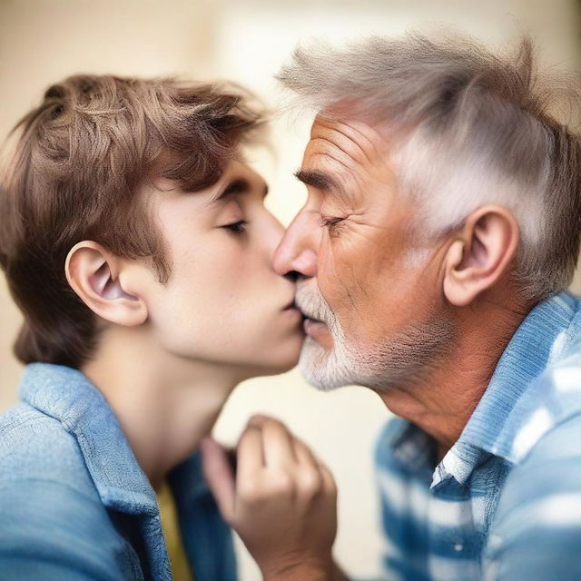 A handsome 50-year-old man kisses a 20-year-old boy