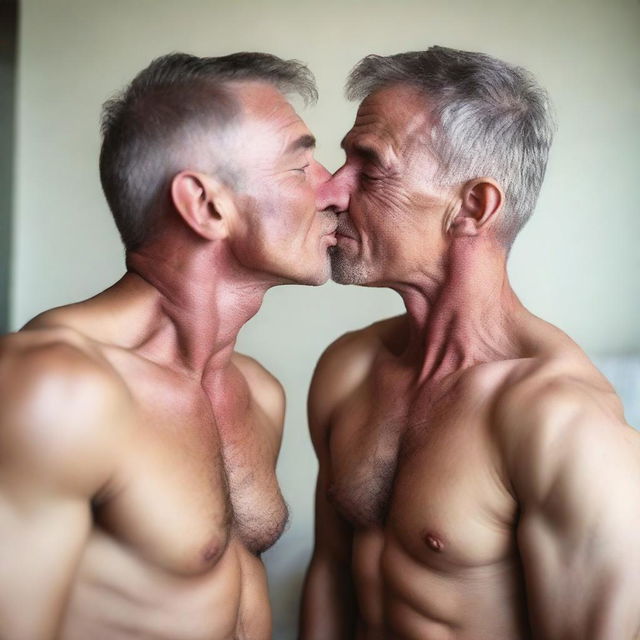 A handsome and muscular 50-year-old man in underwear kisses a 20-year-old boy