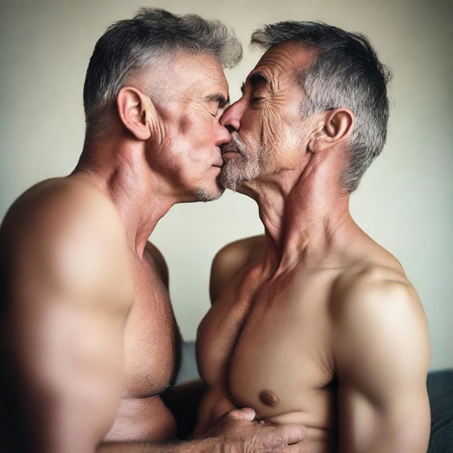 A handsome and muscular 50-year-old man in underwear kisses a 20-year-old boy