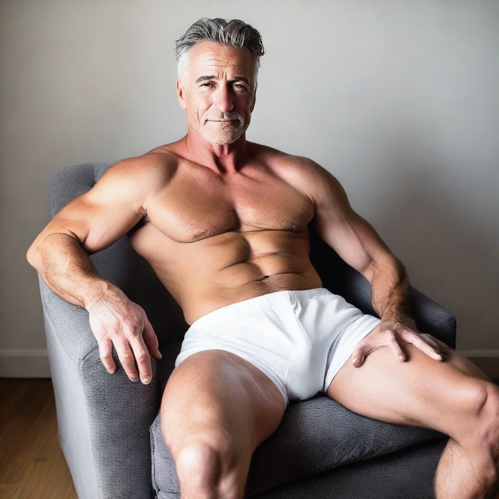 A handsome and muscular 50-year-old man, wearing only white socks and underwear, provocatively teases while lying on a chair