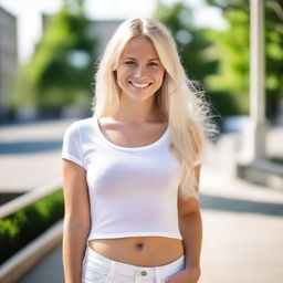 A beautiful 29-year-old Swedish girl with long blond hair, wearing very short white jeans shorts and a slim fit white top