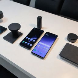 A pristine Galaxy S24 Ultra presented on a modern tech review table, with an array of premium-looking tech gadgets around it, highlighting its state-of-the-art design and craftsmanship.