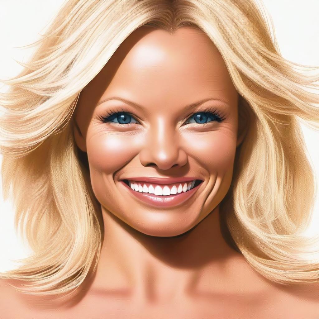 A detailed and realistic portrait of Pamela Anderson's face, capturing her iconic features with a focus on her eyes, hair, and smile