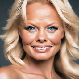 Create a very realistic and detailed image of Pamela Anderson's face, capturing her likeness with high precision as if taken with a Nikon camera