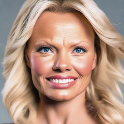 Create a very realistic and detailed image of Pamela Anderson's face, capturing her likeness with high precision as if taken with a Nikon camera