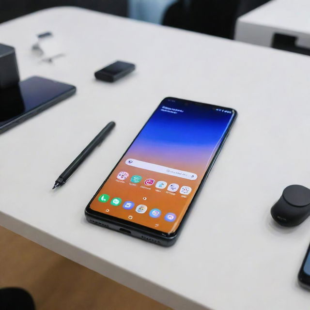 A pristine Galaxy S24 Ultra presented on a modern tech review table, with an array of premium-looking tech gadgets around it, highlighting its state-of-the-art design and craftsmanship.